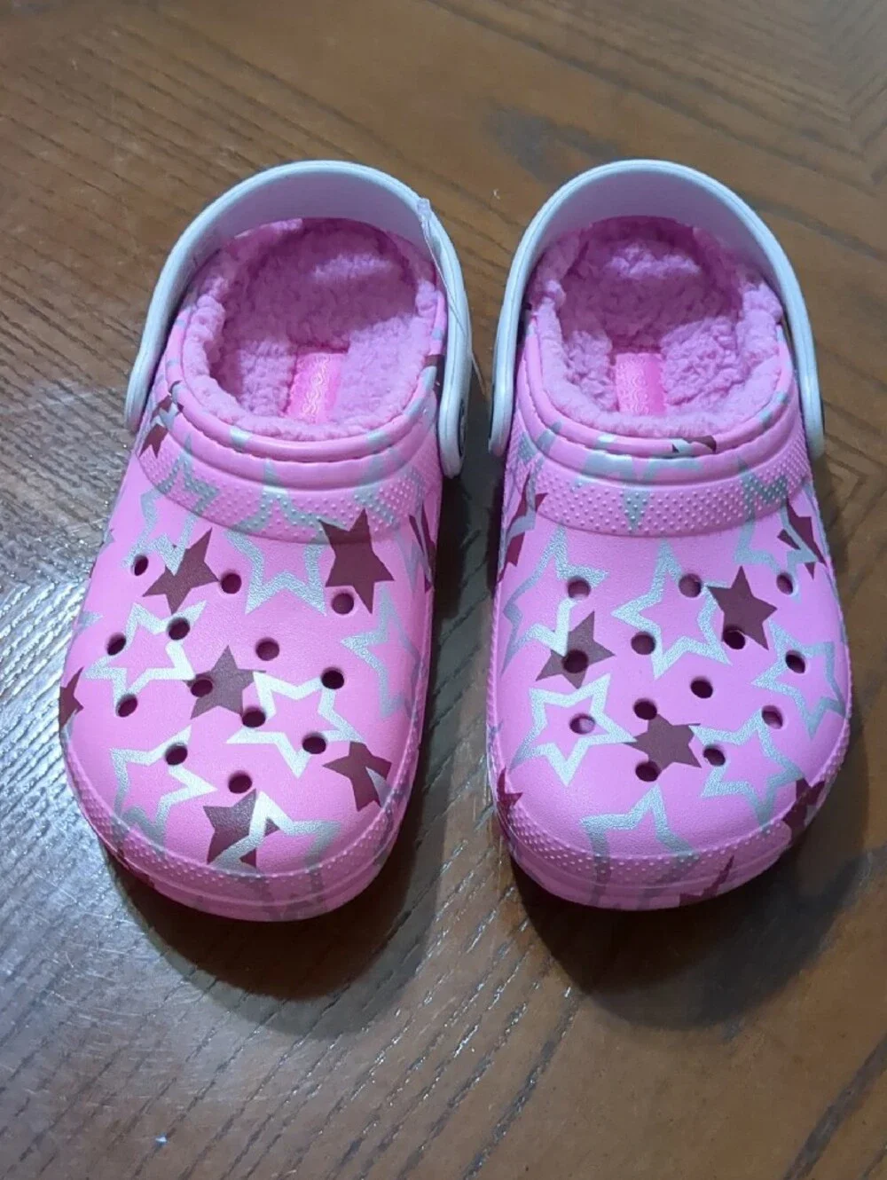 CROCS Pink Star-Pattern Fleece Clogs with Silver Strap
